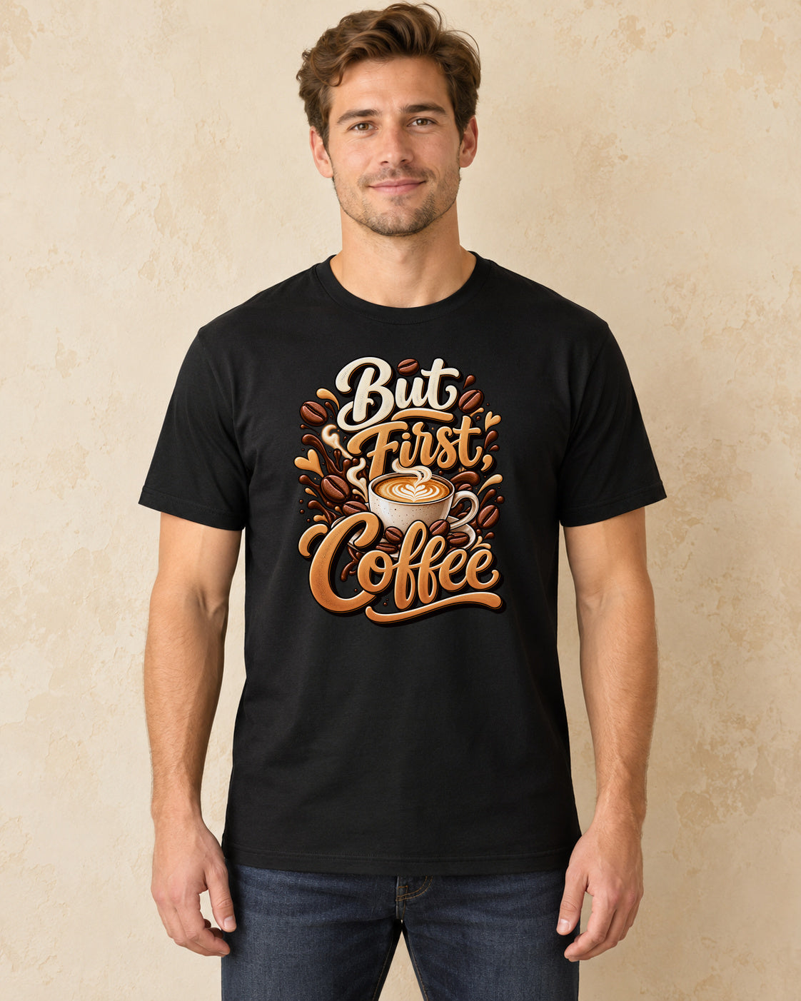 Model standing But First Coffee T-shirt in Black