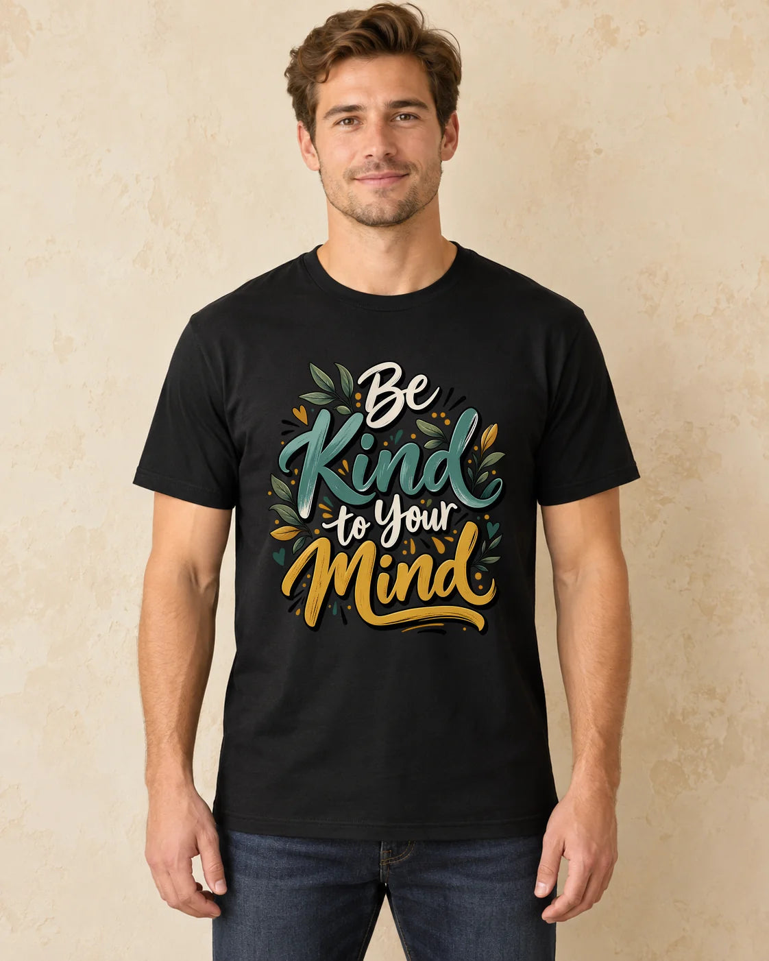 Model standing Be Kind To Your Mind T-shirt in Black