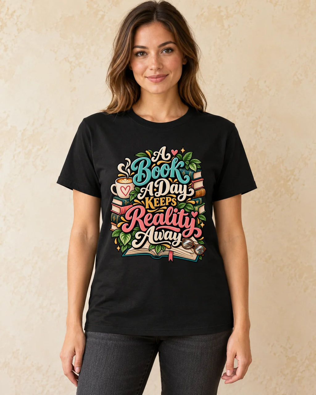 Model standing A Book A Day Keeps Reality Away T-shirt in Black