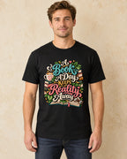 Model standing A Book A Day Keeps Reality Away T-shirt in Black