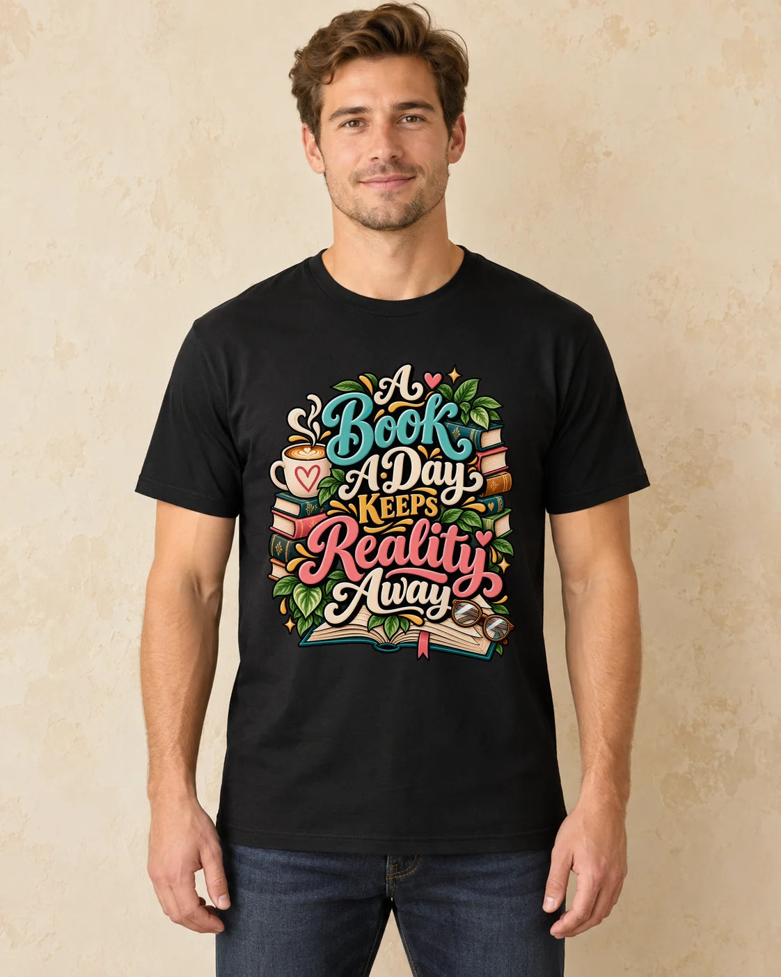 Model standing A Book A Day Keeps Reality Away T-shirt in Black