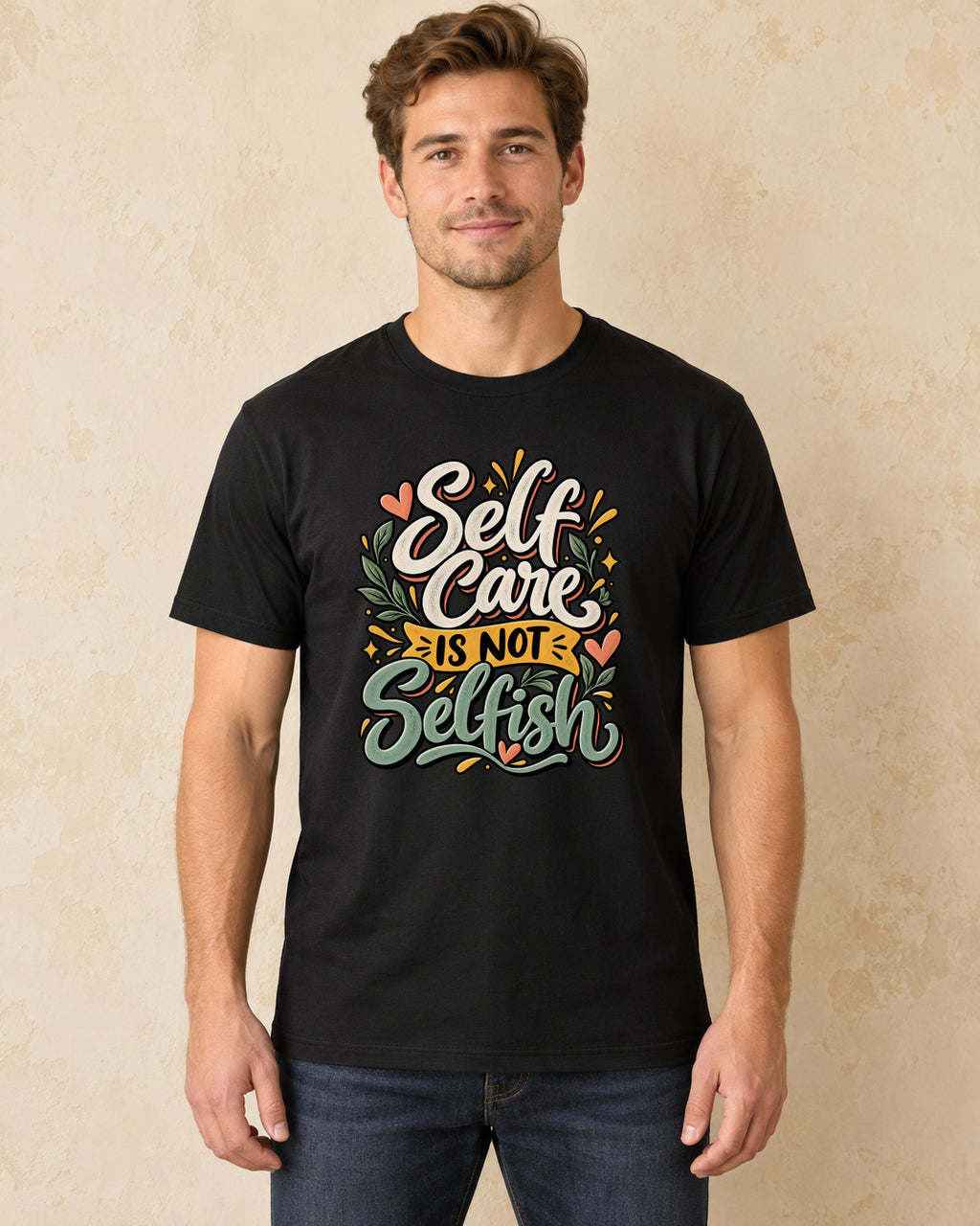 Model standing self care is not selfish T-shirt in Black