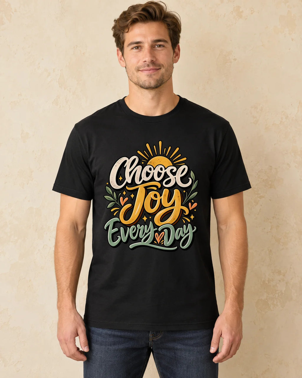 Model standing Choose Joy Everyday T-shirt in Black