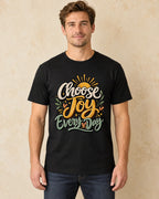 Model standing Choose Joy Everyday T-shirt in Black
