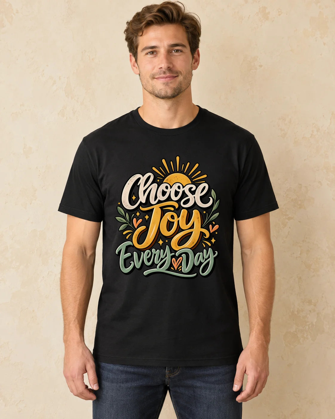 Model standing Choose Joy Everyday T-shirt in Black