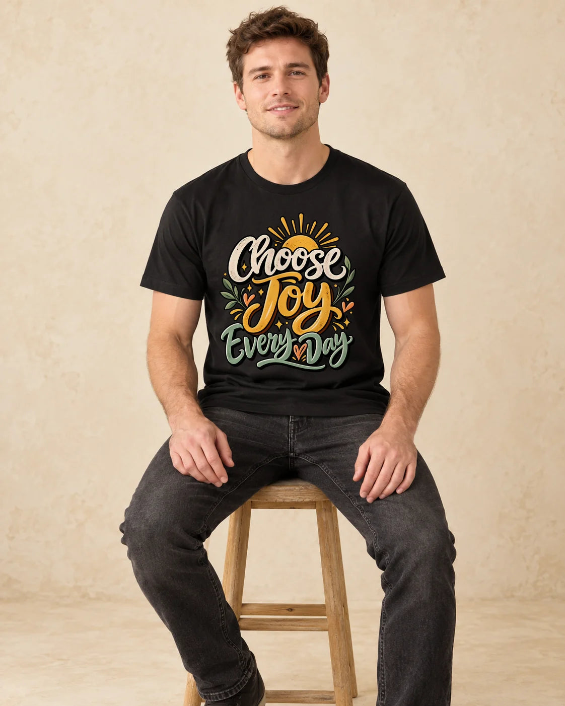 Model seated Choose Joy Everyday T-shirt in Black