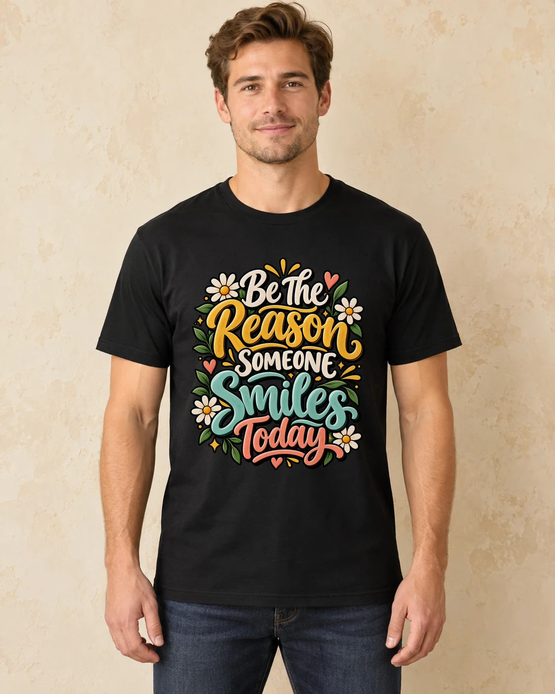 Model standing Be The Reason Someone Smiles Today T-shirt in Black