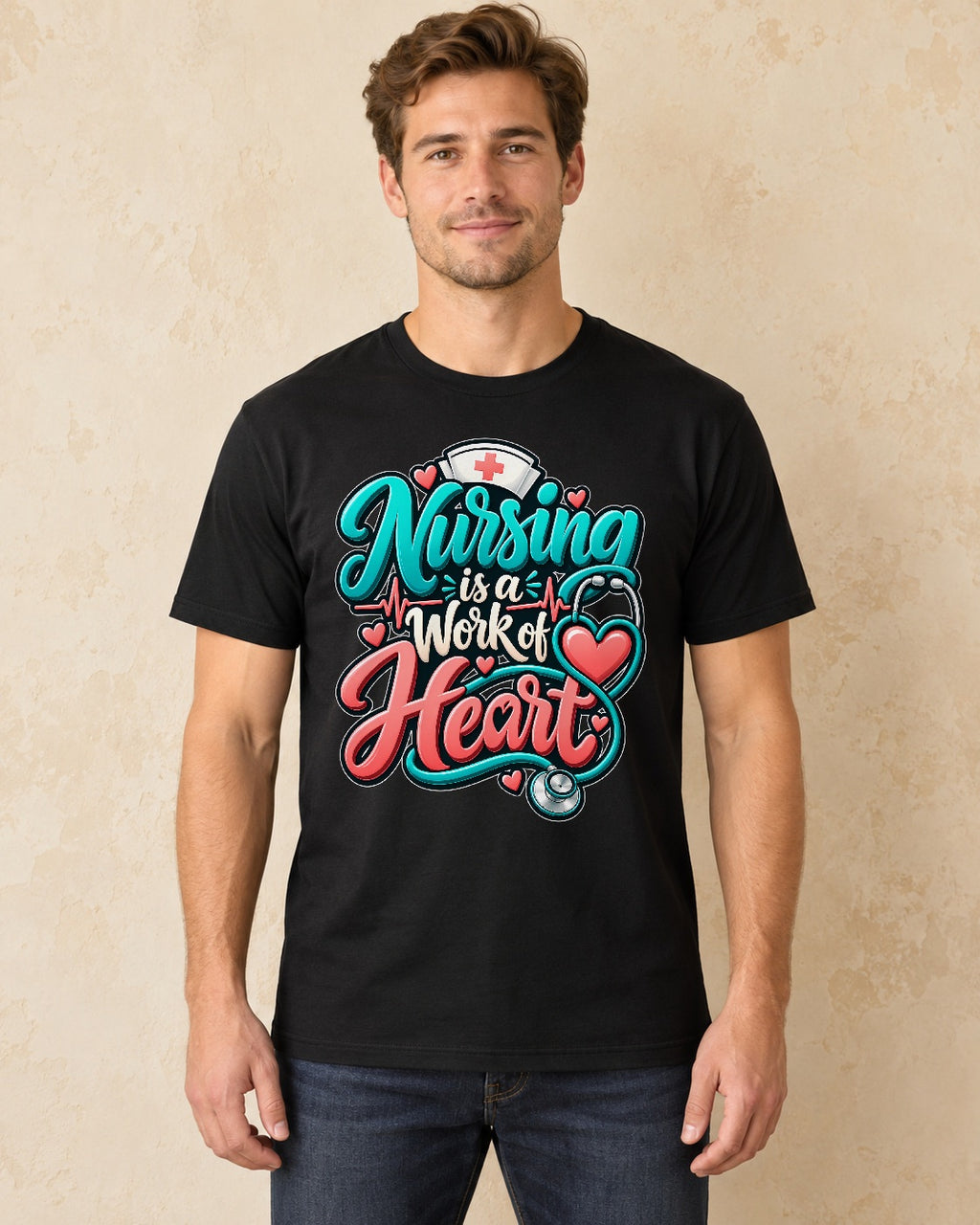 Model standing Nursing Is A Work Of Heart T-shirt in Black