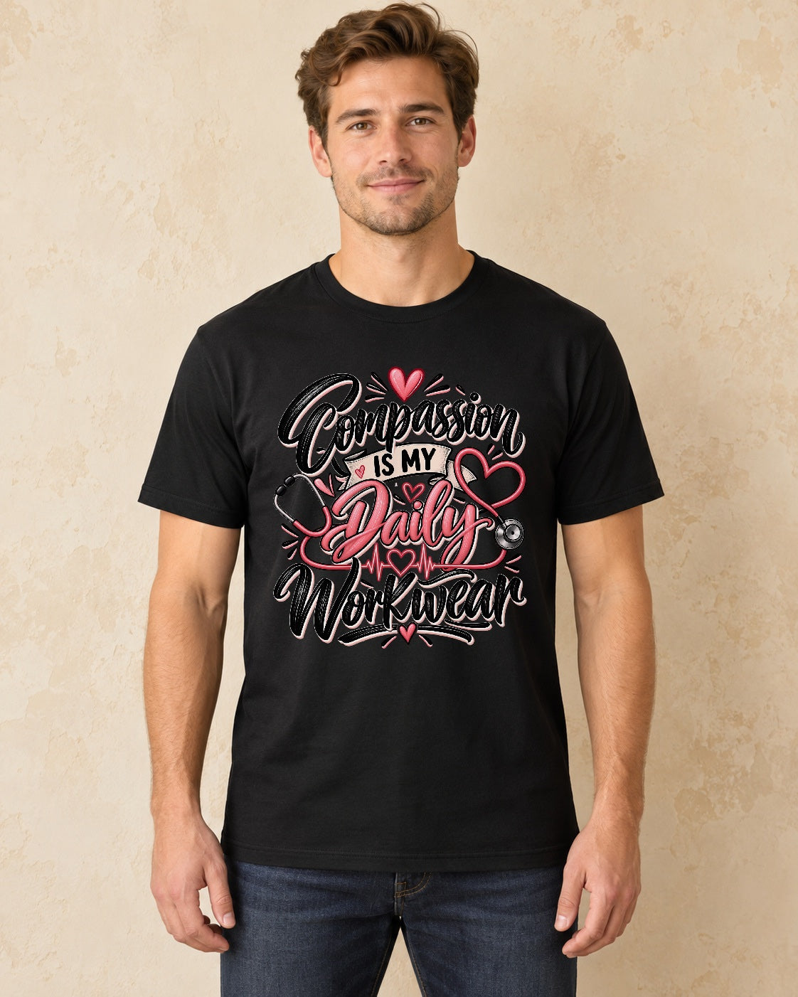 Model standing Compassion Is My Daily Workwear T-shirt in Black
