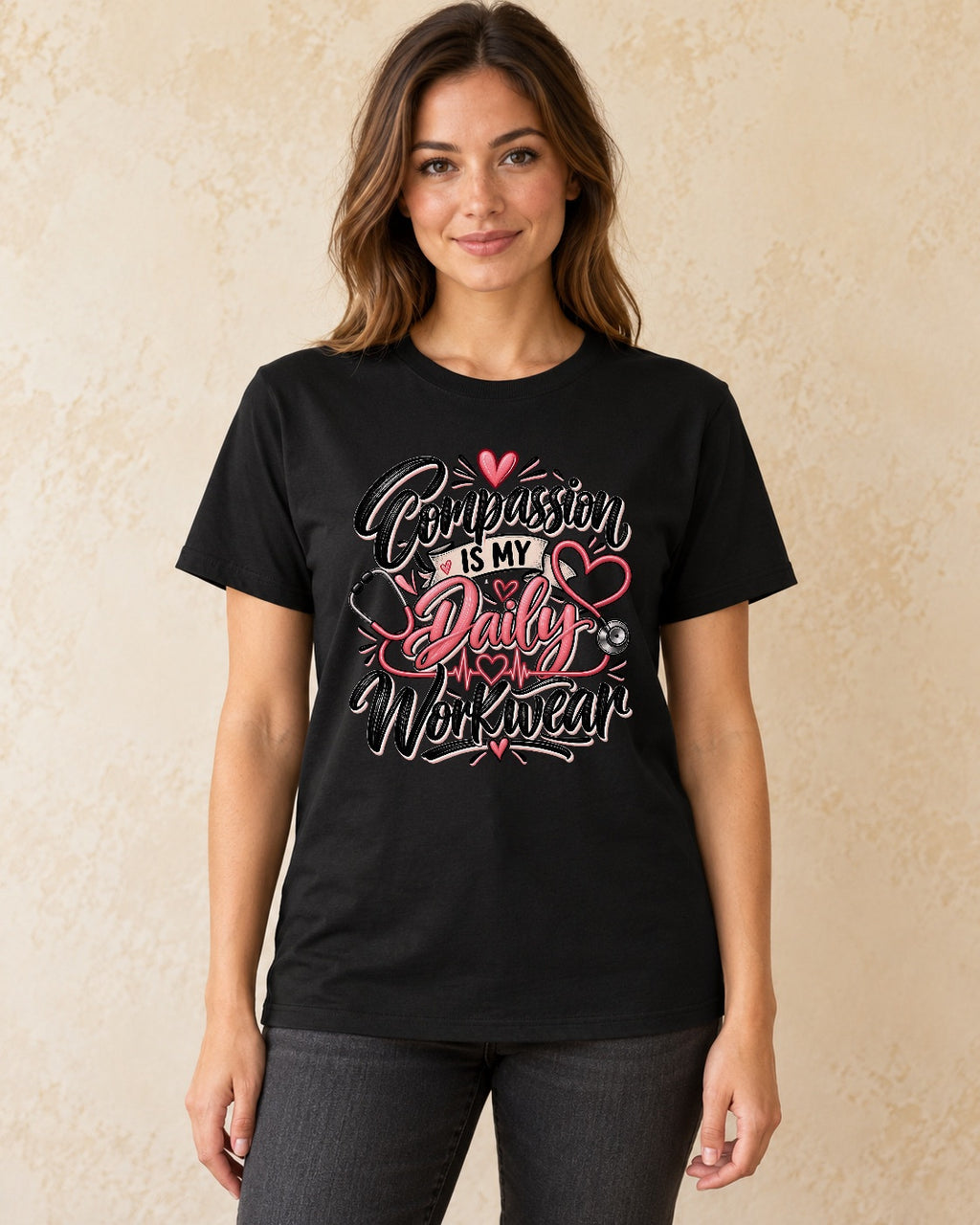Model standing Compassion Is My Daily Workwear T-shirt in Black