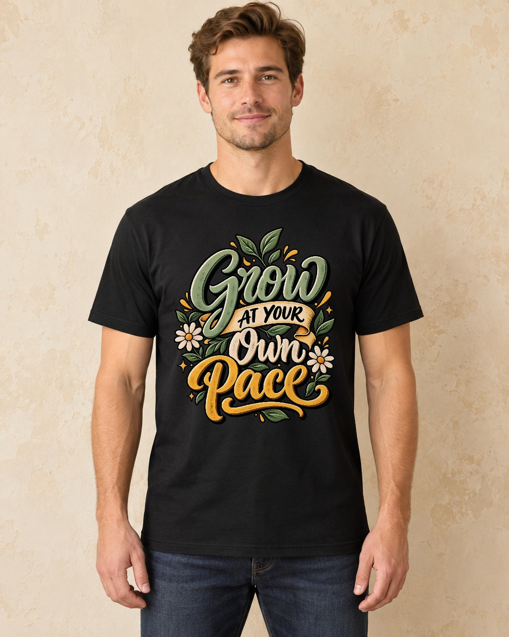 Model standing Grow At Your Own Pace T-shirt in Black