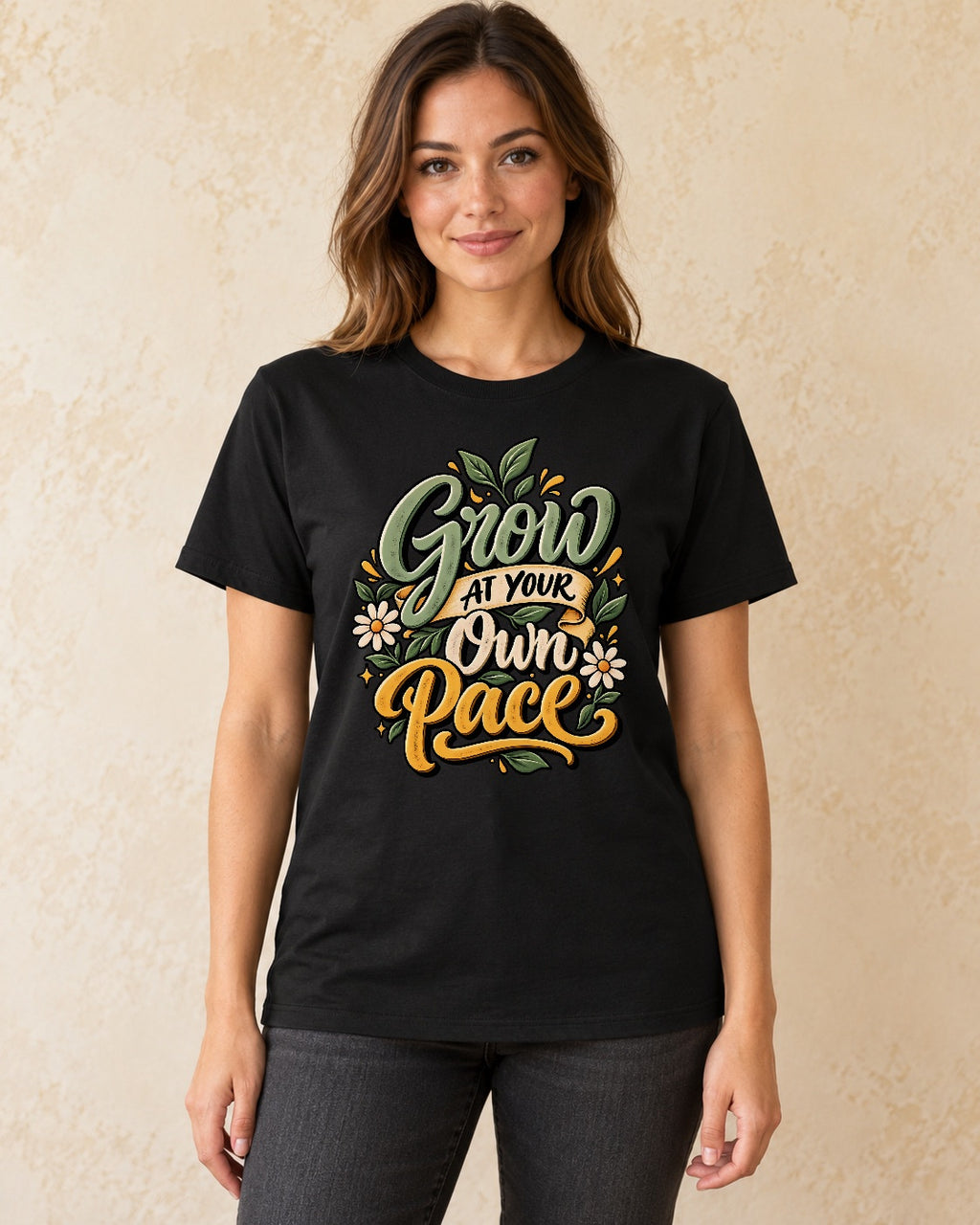 Model standing Grow At Your Own Pace T-shirt in Black