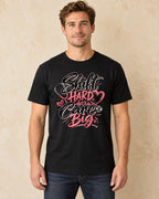 Model standing Shift Hard Care Big T-shirt in Black