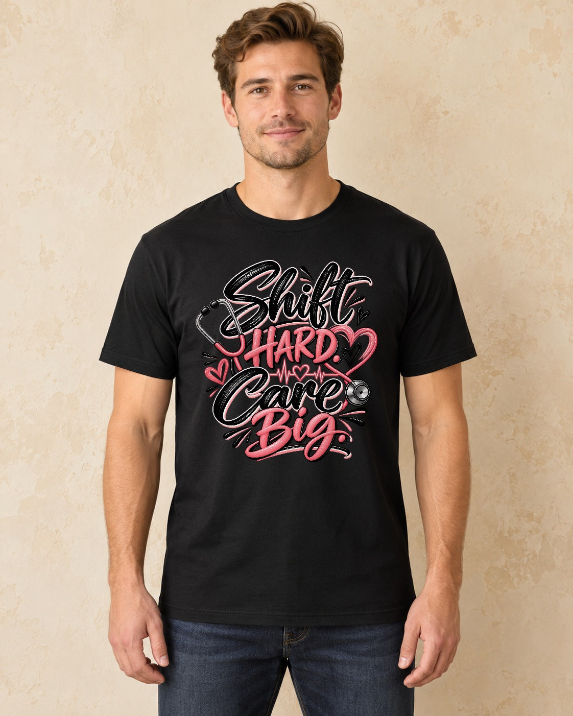 Model standing Shift Hard Care Big T-shirt in Black