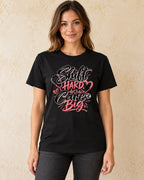 Model standing Shift Hard Care Big T-shirt in Black