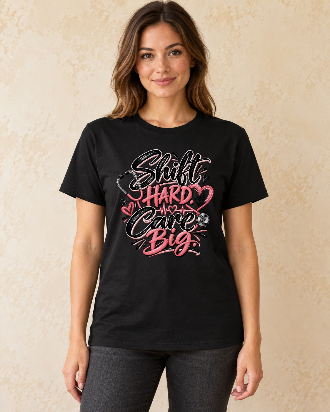 Model standing Shift Hard Care Big T-shirt in Black