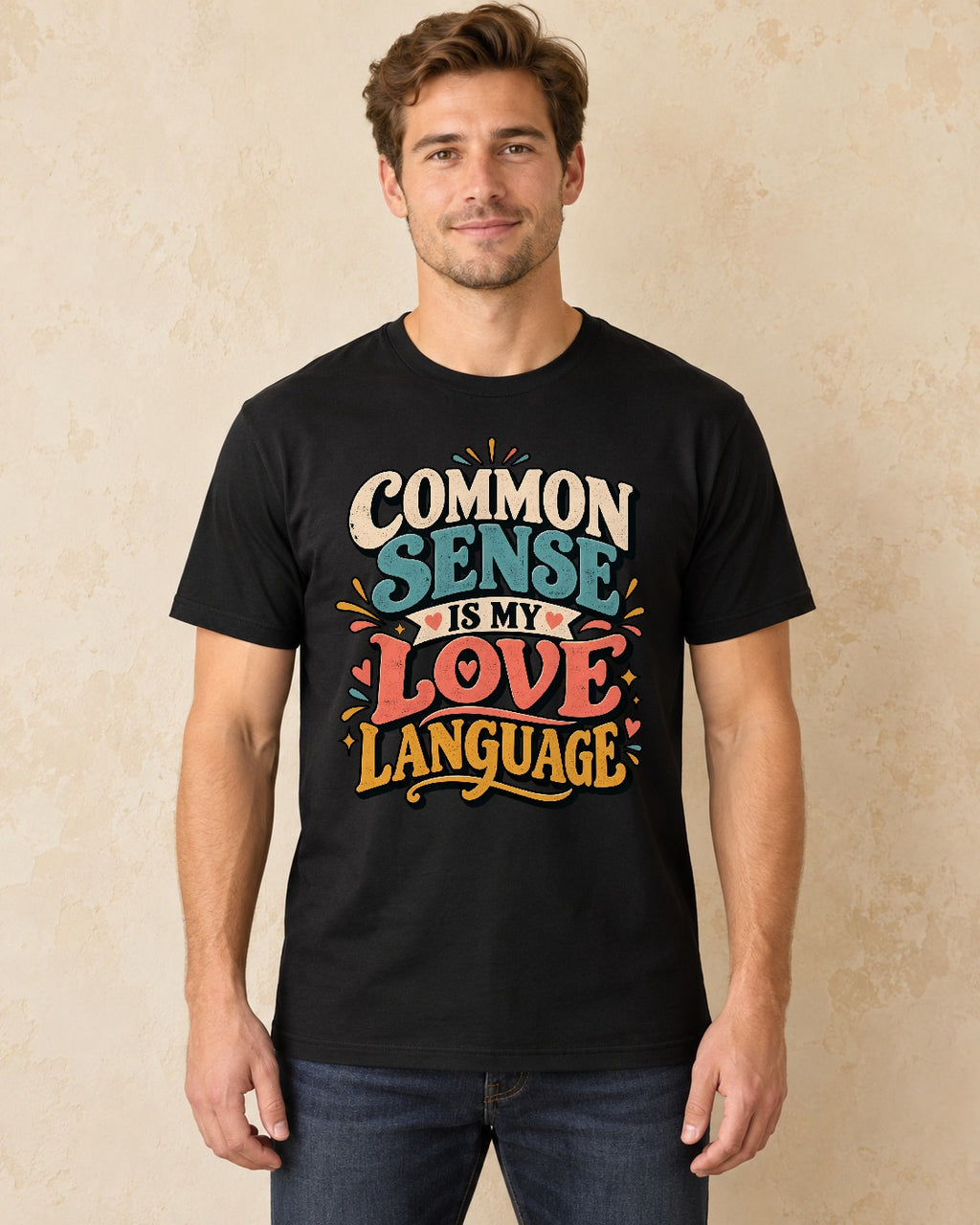 Model standing Common Sense Is My Love Language T-shirt in Black