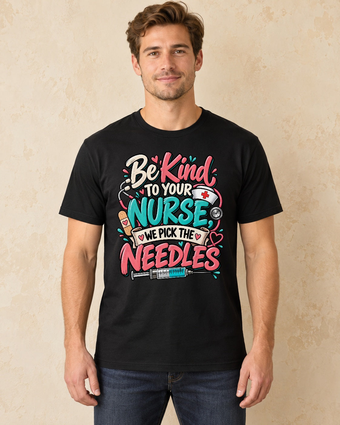 Model standing Be Kind To Your Nurse We Pick The Needles T-shirt in Black