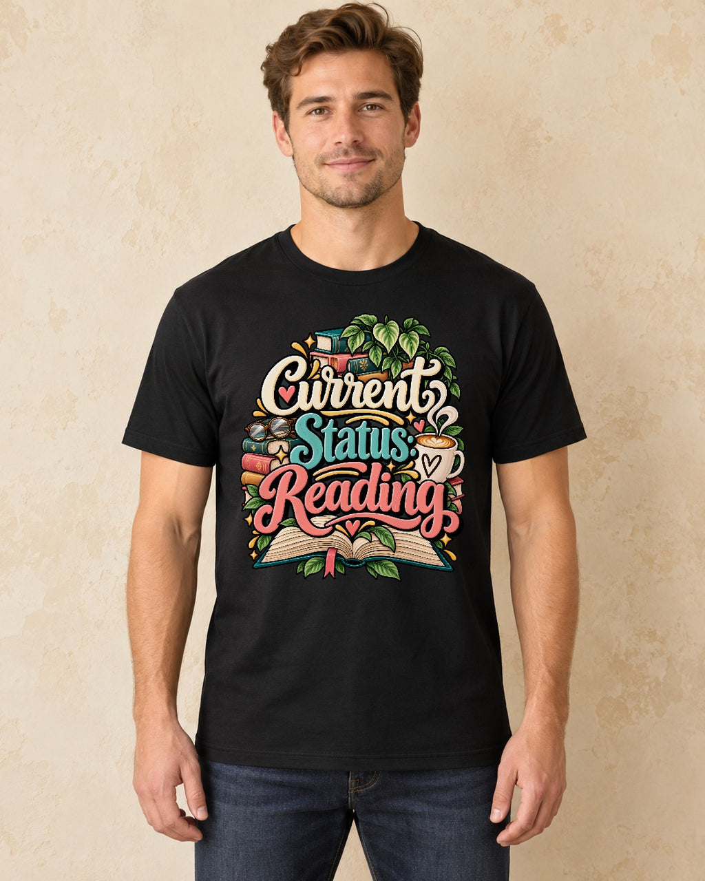 Model standing current status reading T-shirt in Black