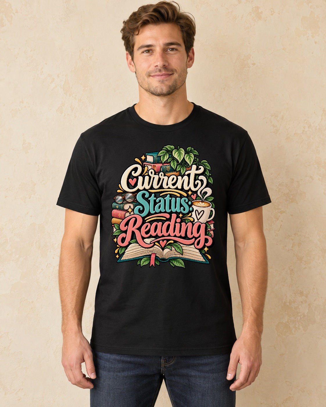 Model standing current status reading T-shirt in Black