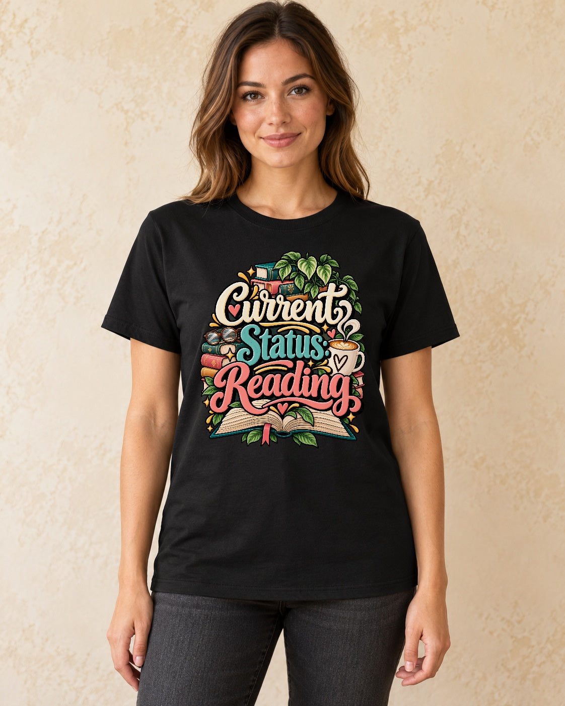 Model standing current status reading T-shirt in Black