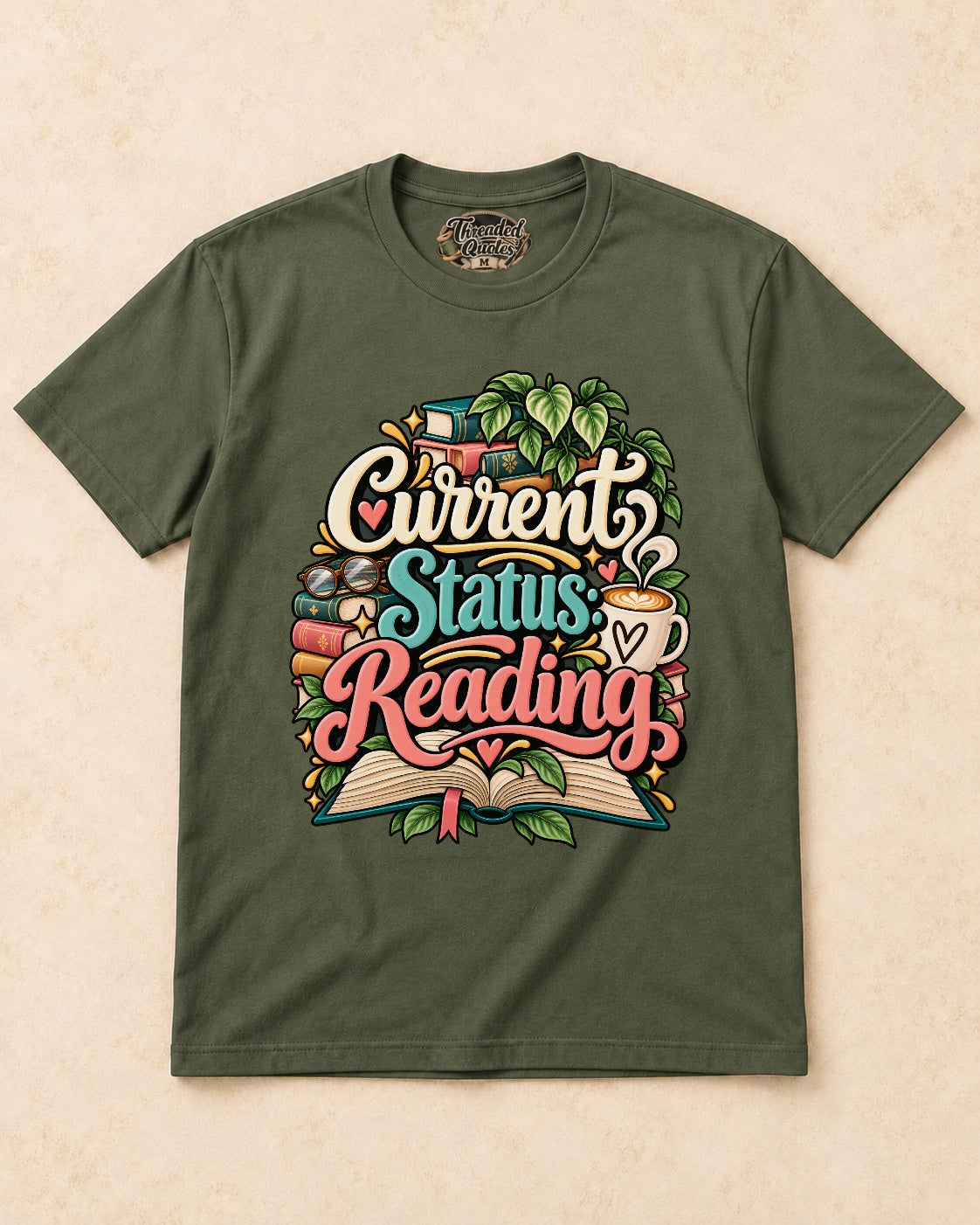 Shirt-only current status reading T-shirt in Military Green