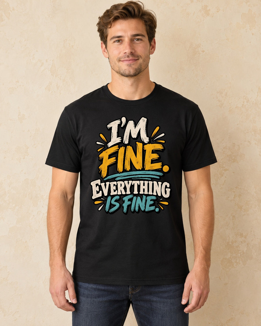 Model standing I’m Fine. Everything Is Fine. T-shirt in Black
