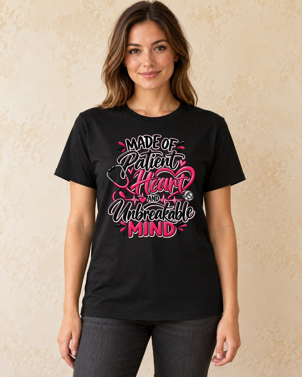 Model standing Made Of Patient Heart And Unbreakable Mind T-shirt in Black