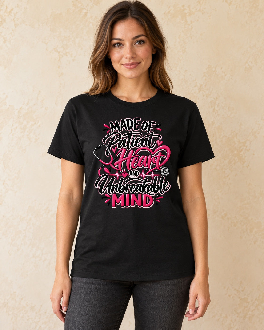 Model standing Made Of Patient Heart And Unbreakable Mind T-shirt in Black