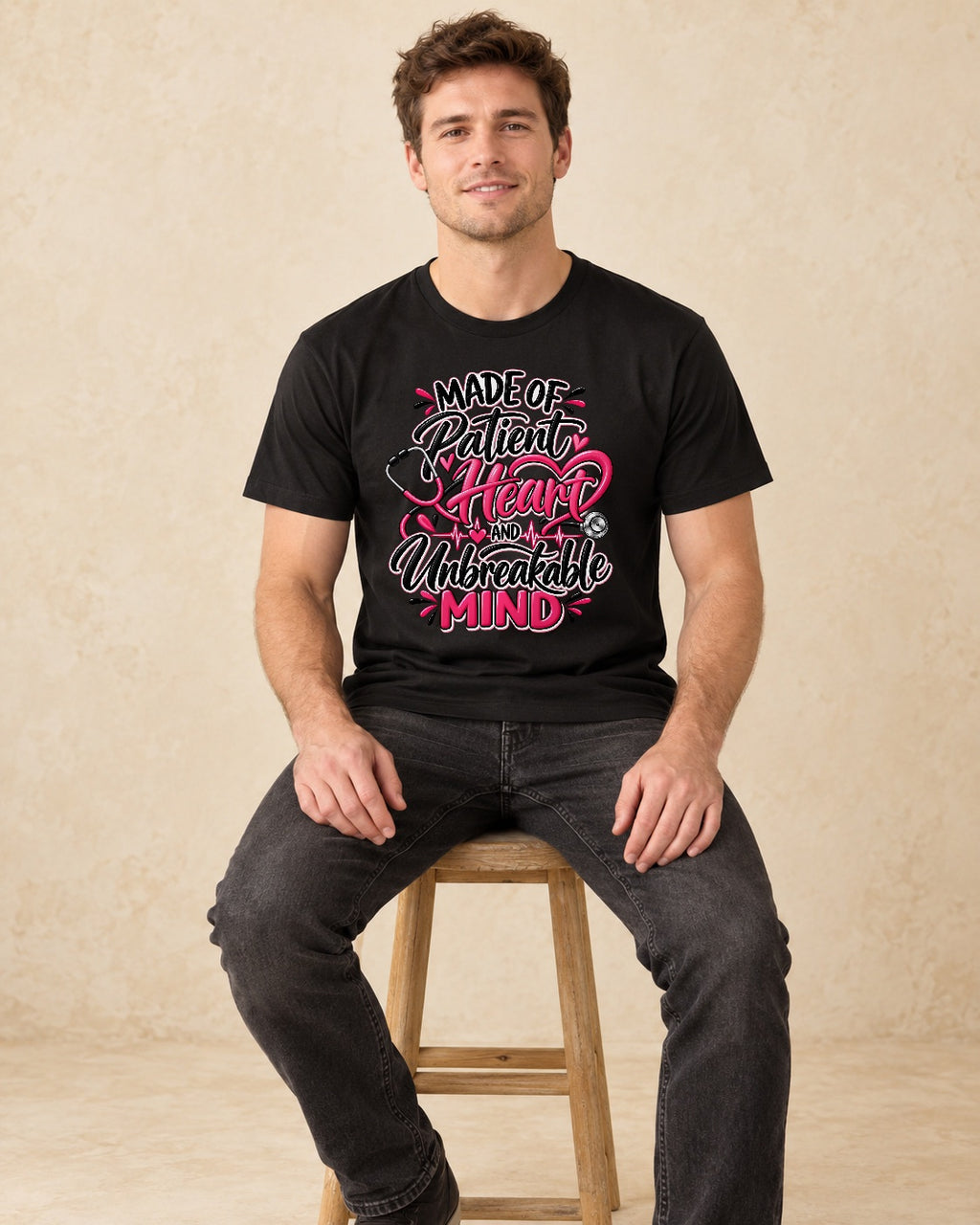 Model seated Made Of Patient Heart And Unbreakable Mind T-shirt in Black