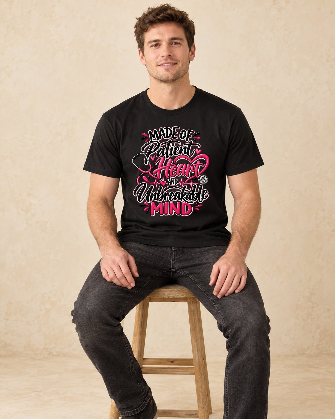 Model seated Made Of Patient Heart And Unbreakable Mind T-shirt in Black