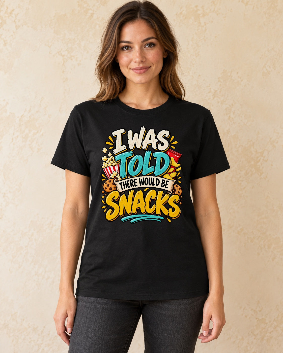 Model standing I Was Told There Would Be Snacks T-shirt in Black