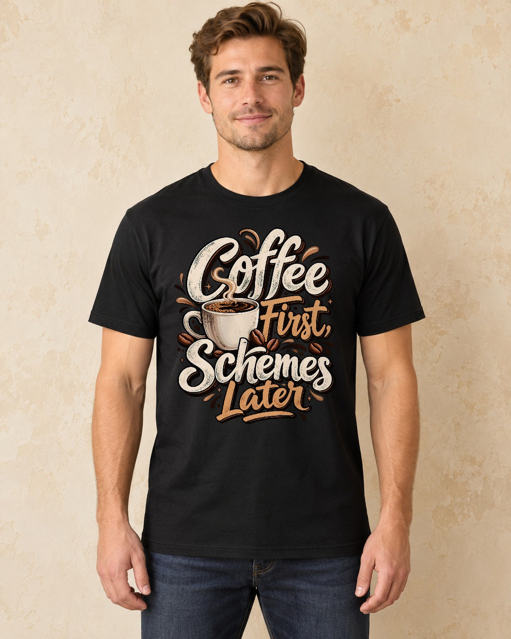 Model standing Coffee First Schemes Later T-shirt in Black