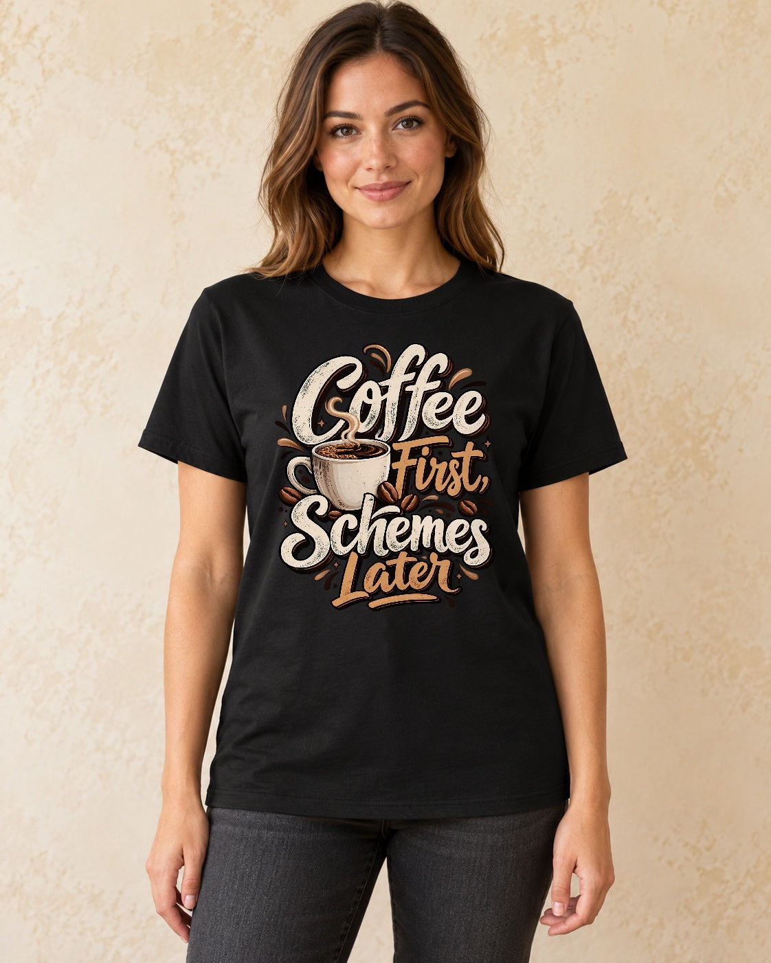 Model standing Coffee First Schemes Later T-shirt in Black