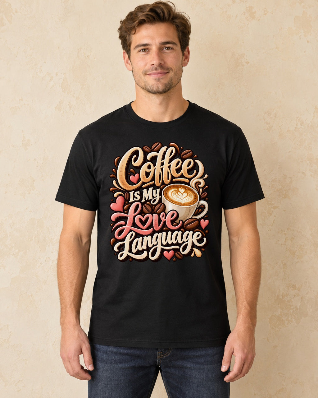 Model standing Coffee Is My Love Language T-shirt in Black