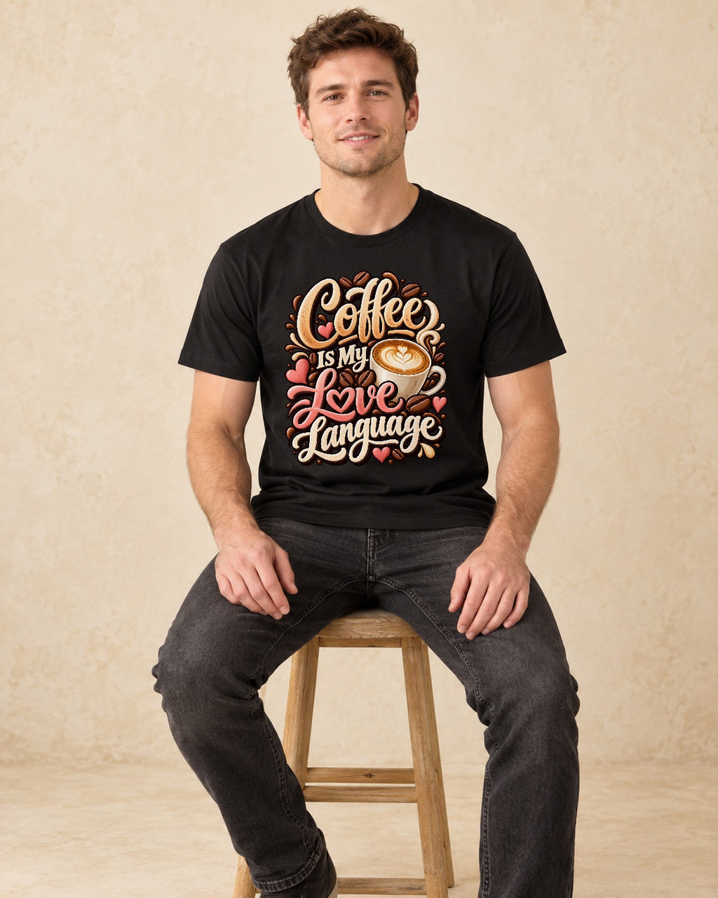 Model seated Coffee Is My Love Language T-shirt in Black