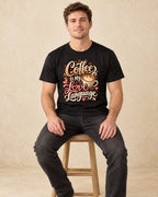 Model seated Coffee Is My Love Language T-shirt in Black