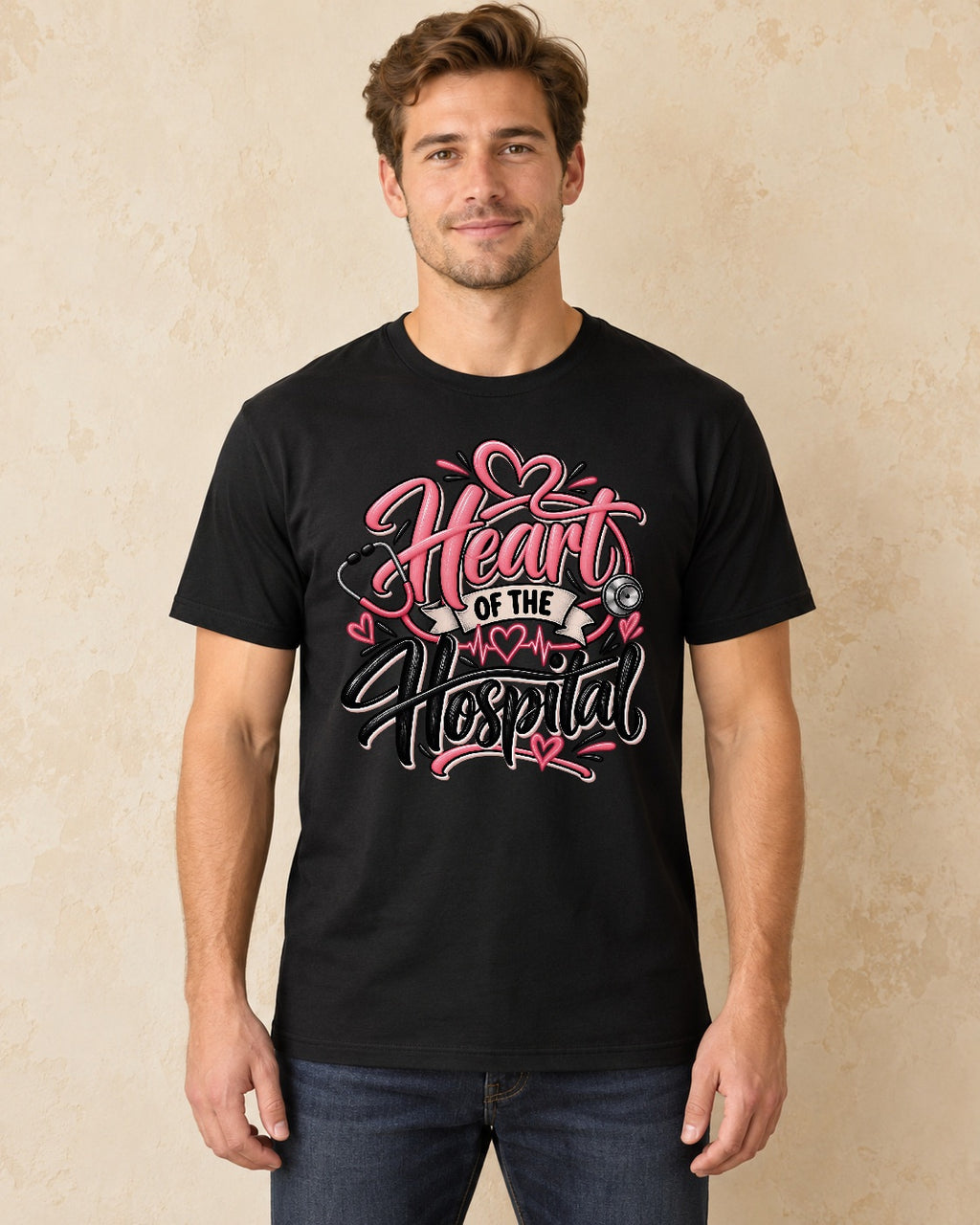 Model standing Heart Of The Hospital T-shirt in Black