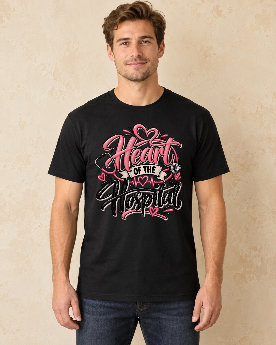 Model standing Heart Of The Hospital T-shirt in Black