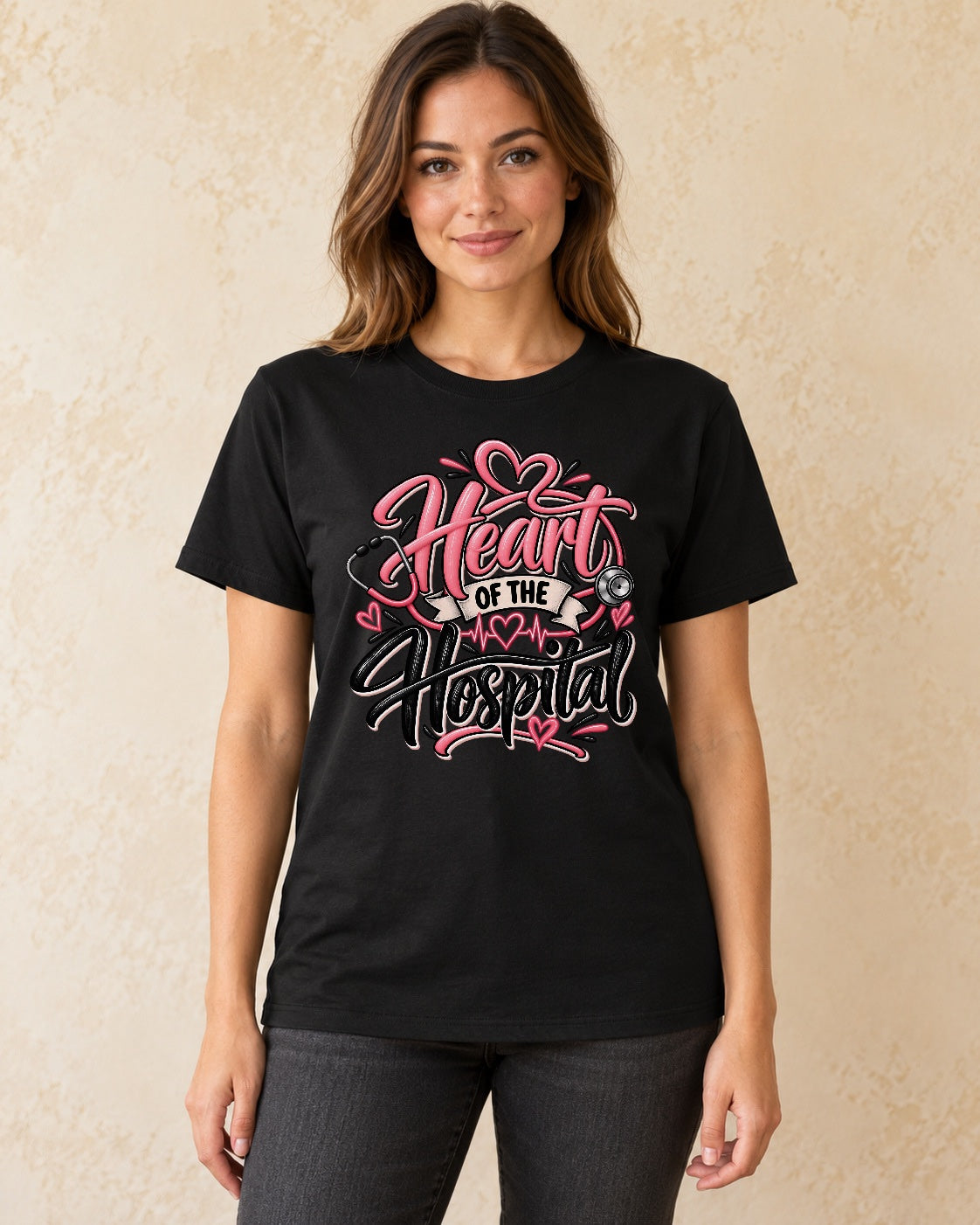 Model standing Heart Of The Hospital T-shirt in Black