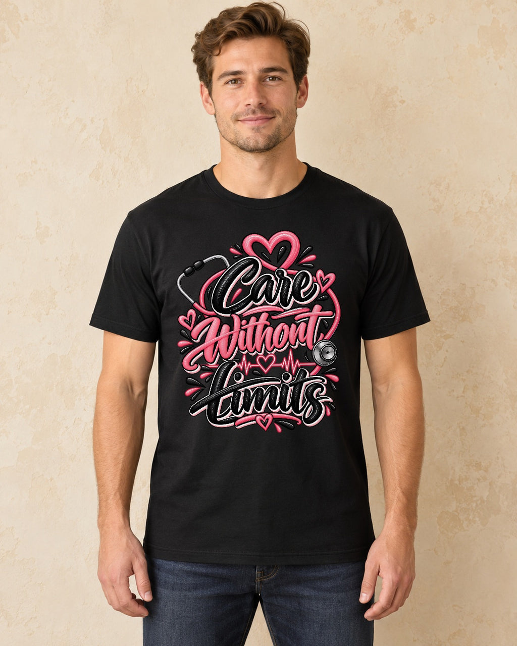 Model standing Care Without Limits T-shirt in Black