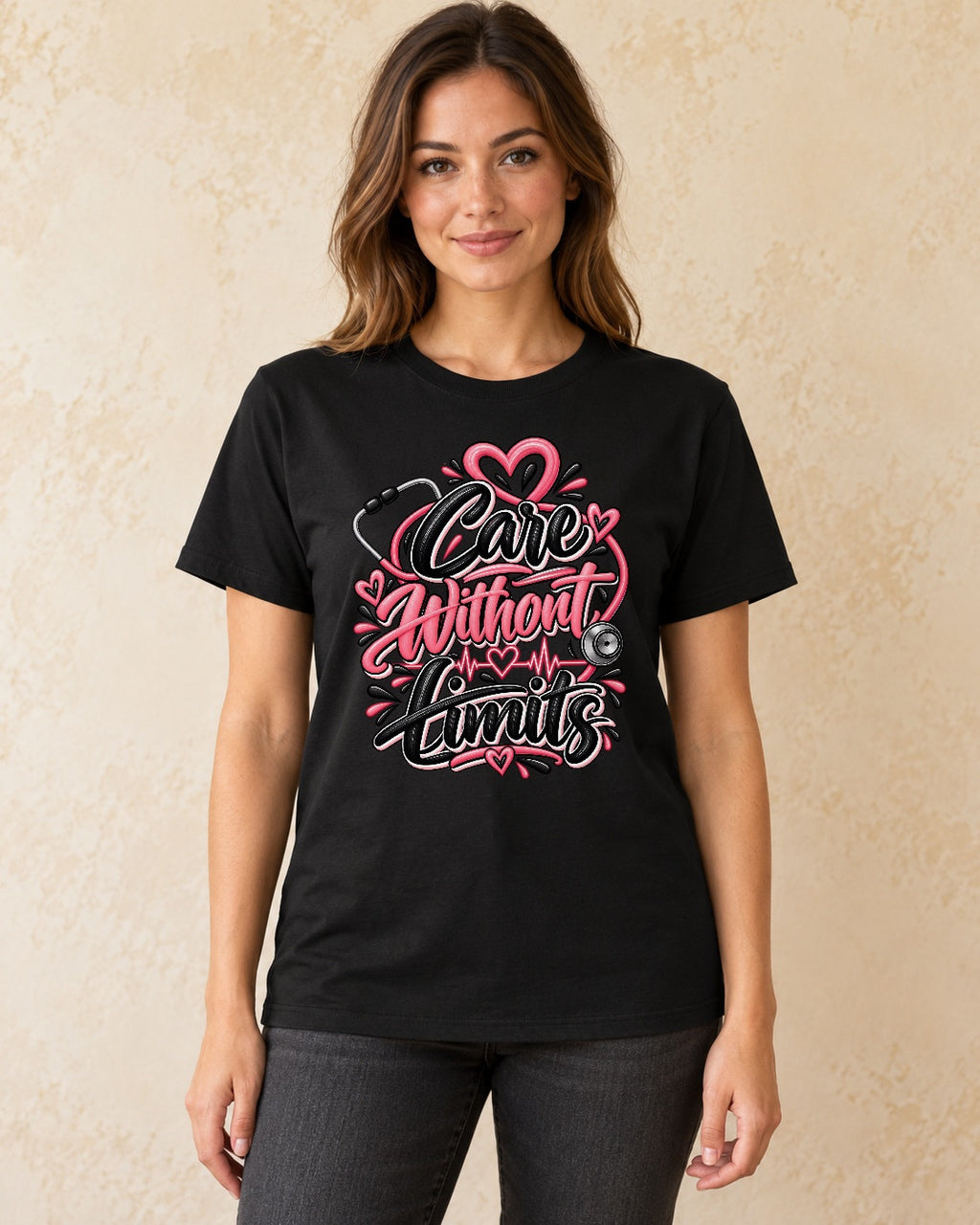 Model standing Care Without Limits T-shirt in Black