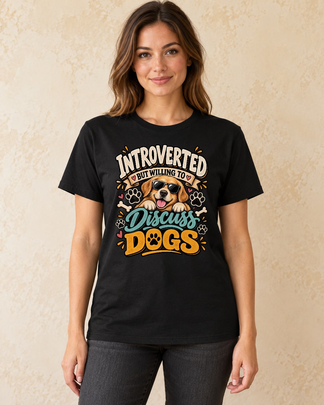 Model standing Introverted But Willing To Discuss Dogs T-shirt in Black