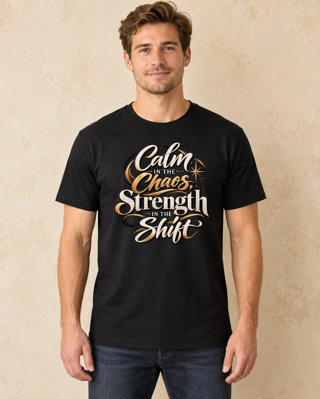 Model standing Calm In The Chaos Srength In The Shift T-shirt in Black