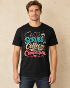 Model standing Scrubs Coffee And Compassion T-shirt in Black