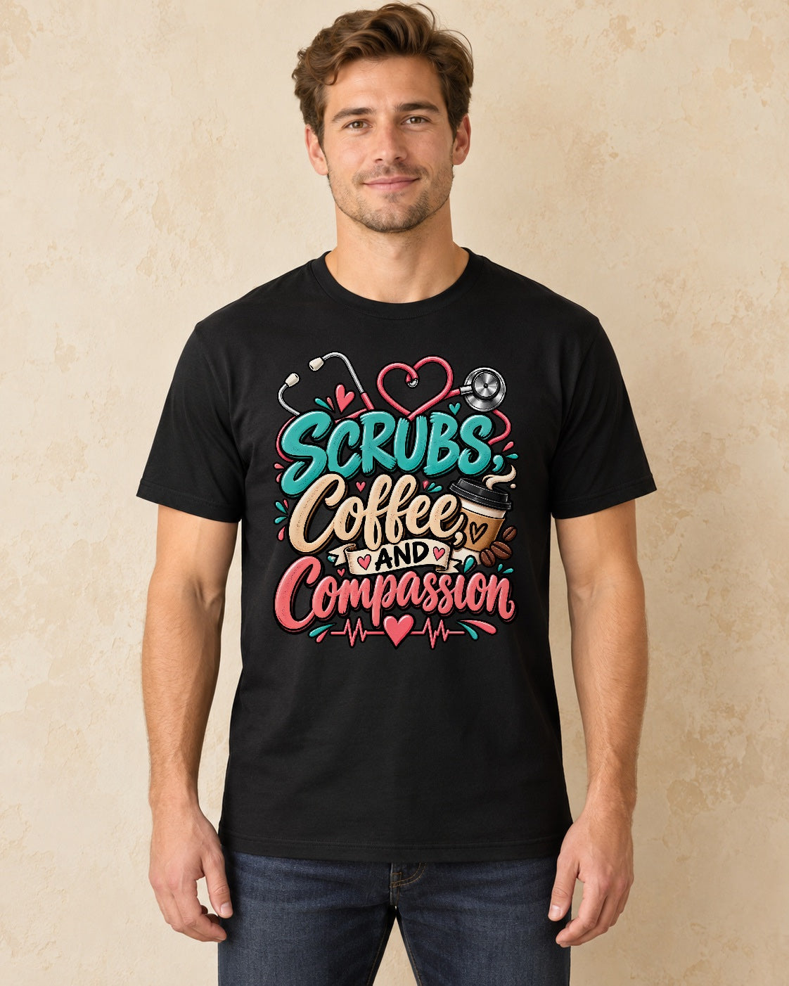 Model standing Scrubs Coffee And Compassion T-shirt in Black