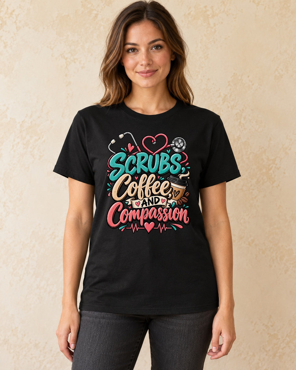 Model standing Scrubs Coffee And Compassion T-shirt in Black