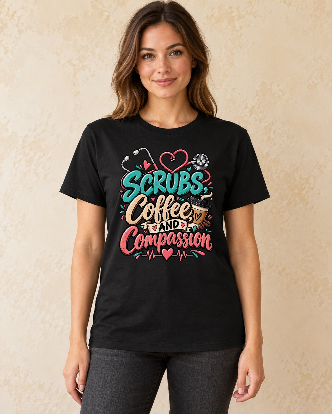 Model standing Scrubs Coffee And Compassion T-shirt in Black
