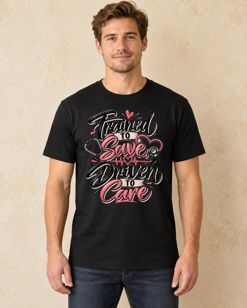 Model standing Trained To Save Driven To Care T-shirt in Black