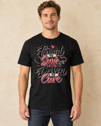 Model standing Trained To Save Driven To Care T-shirt in Black